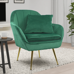 Fauteuil SATURNO avec assise velours rembourré et coussin avec structure dorée