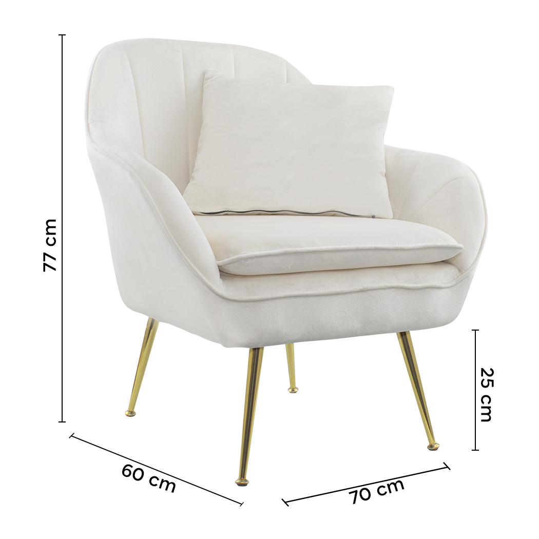 Fauteuil SATURNO avec assise velours rembourré et coussin avec structure dorée