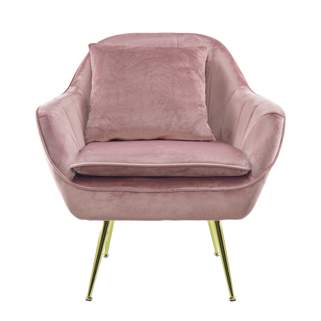 Fauteuil SATURNO avec assise velours rembourré et coussin avec structure dorée
