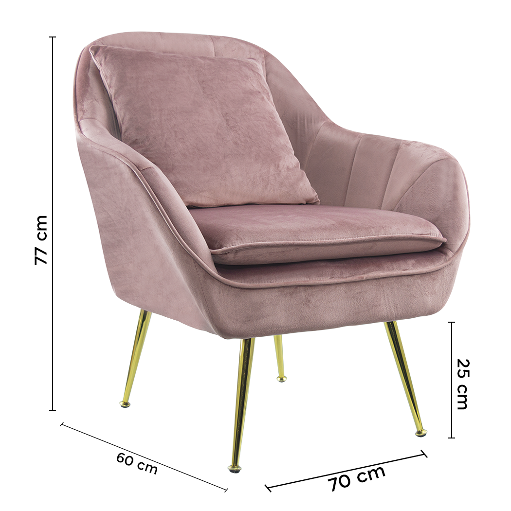 Fauteuil SATURNO avec assise velours rembourré et coussin avec structure dorée