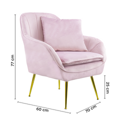 Fauteuil SATURNO avec assise velours rembourré et coussin avec structure dorée