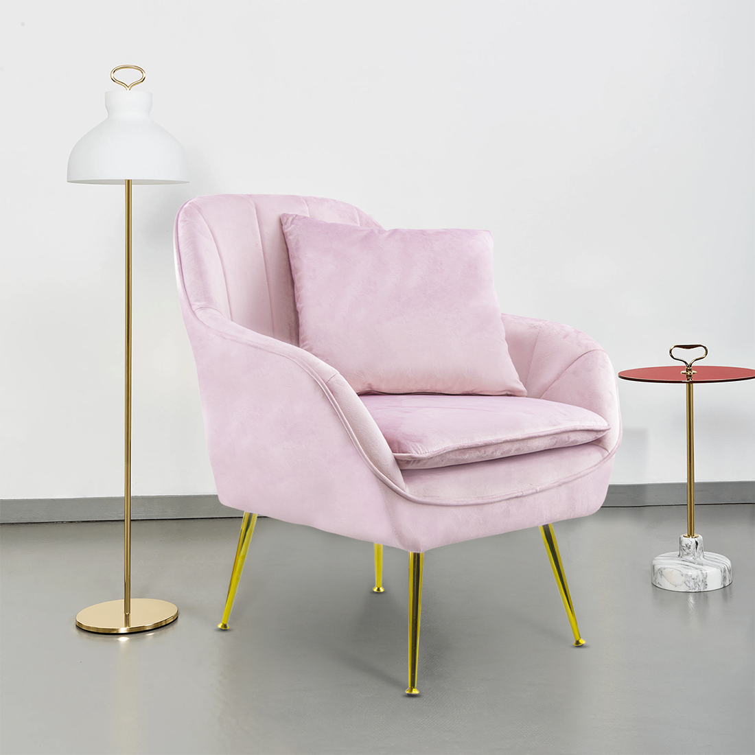 Fauteuil SATURNO avec assise velours rembourré et coussin avec structure dorée