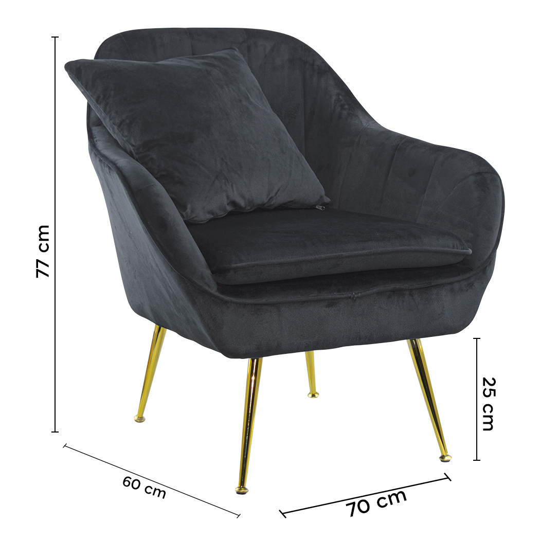 Fauteuil SATURNO avec assise velours rembourré et coussin avec structure dorée