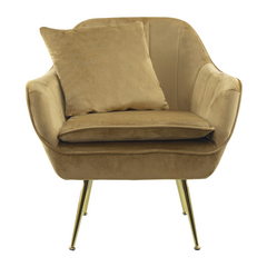 Fauteuil SATURNO avec assise velours rembourré et coussin avec structure dorée