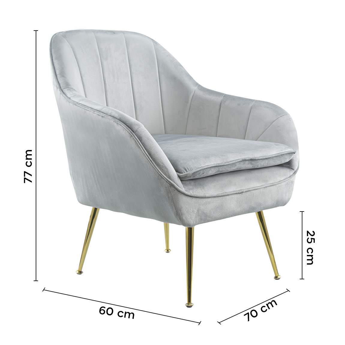 Fauteuil SATURNO avec assise velours rembourré et coussin avec structure dorée