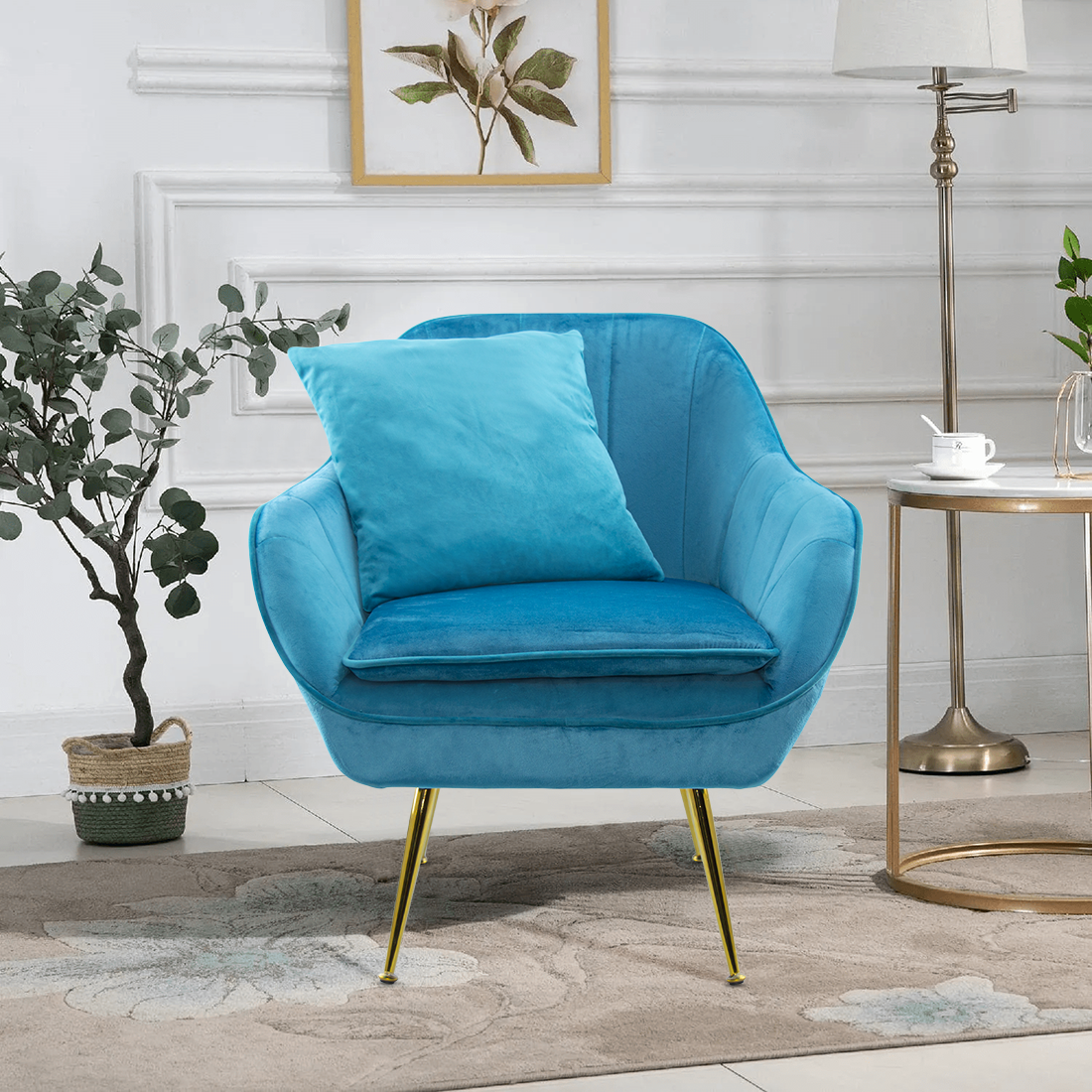 Fauteuil SATURNO avec assise velours rembourré et coussin avec structure dorée