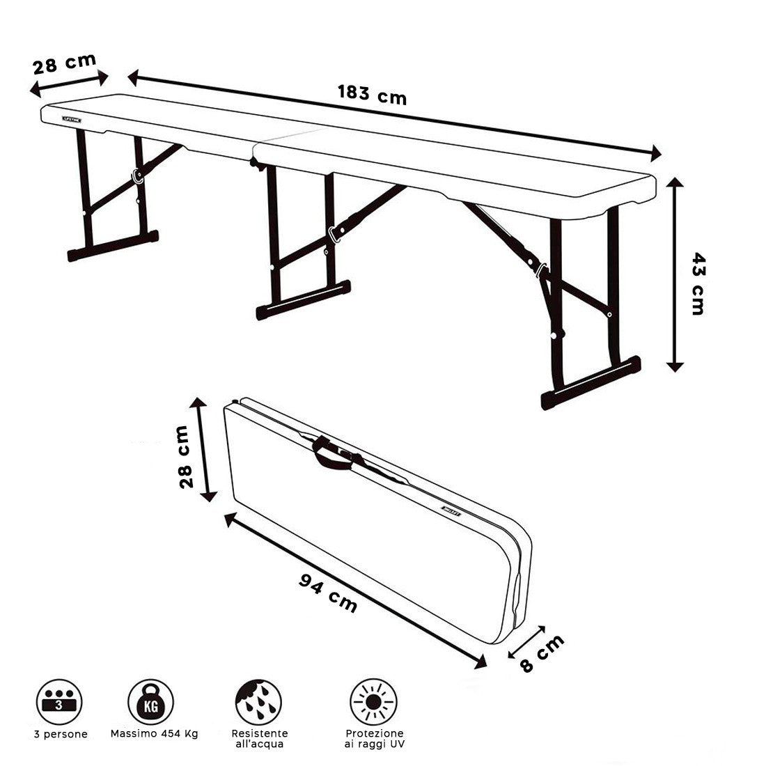 Banc pliable en plastique blanc pour camping ou bar pique-nique 183x28x43cm