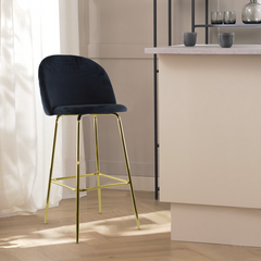 Tabouret velours GRETA structure dorée avec dossier et repose-pieds