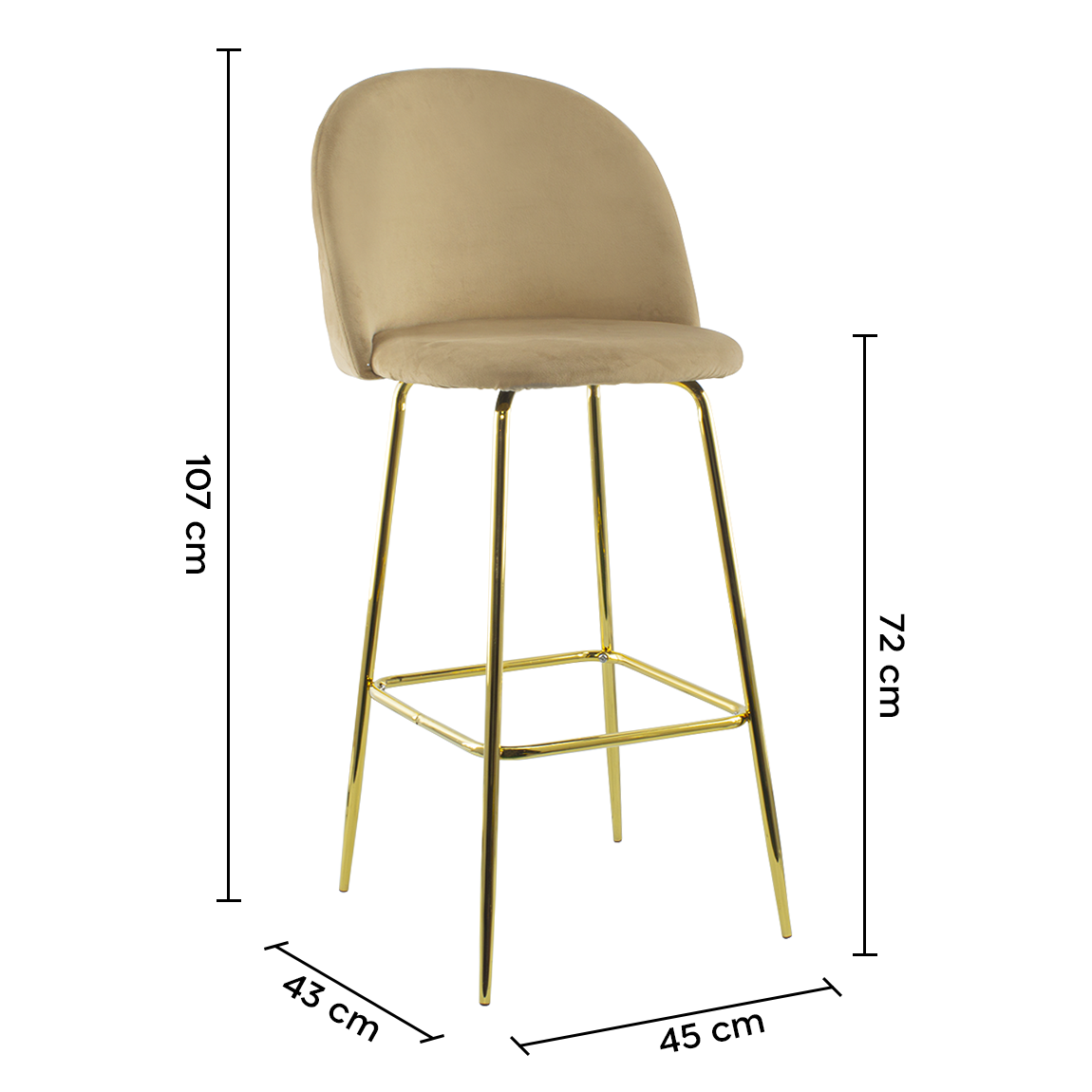 Tabouret velours GRETA structure dorée avec dossier et repose-pieds