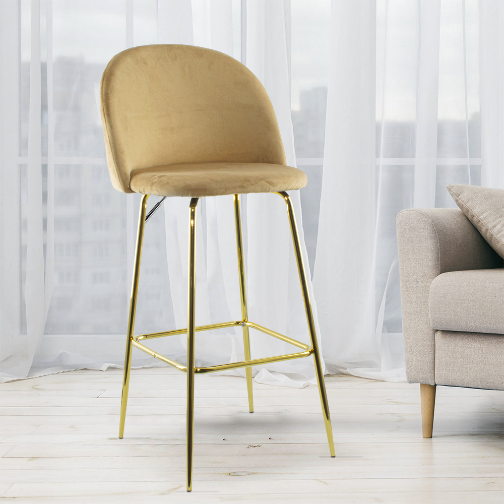 Tabouret velours GRETA structure dorée avec dossier et repose-pieds