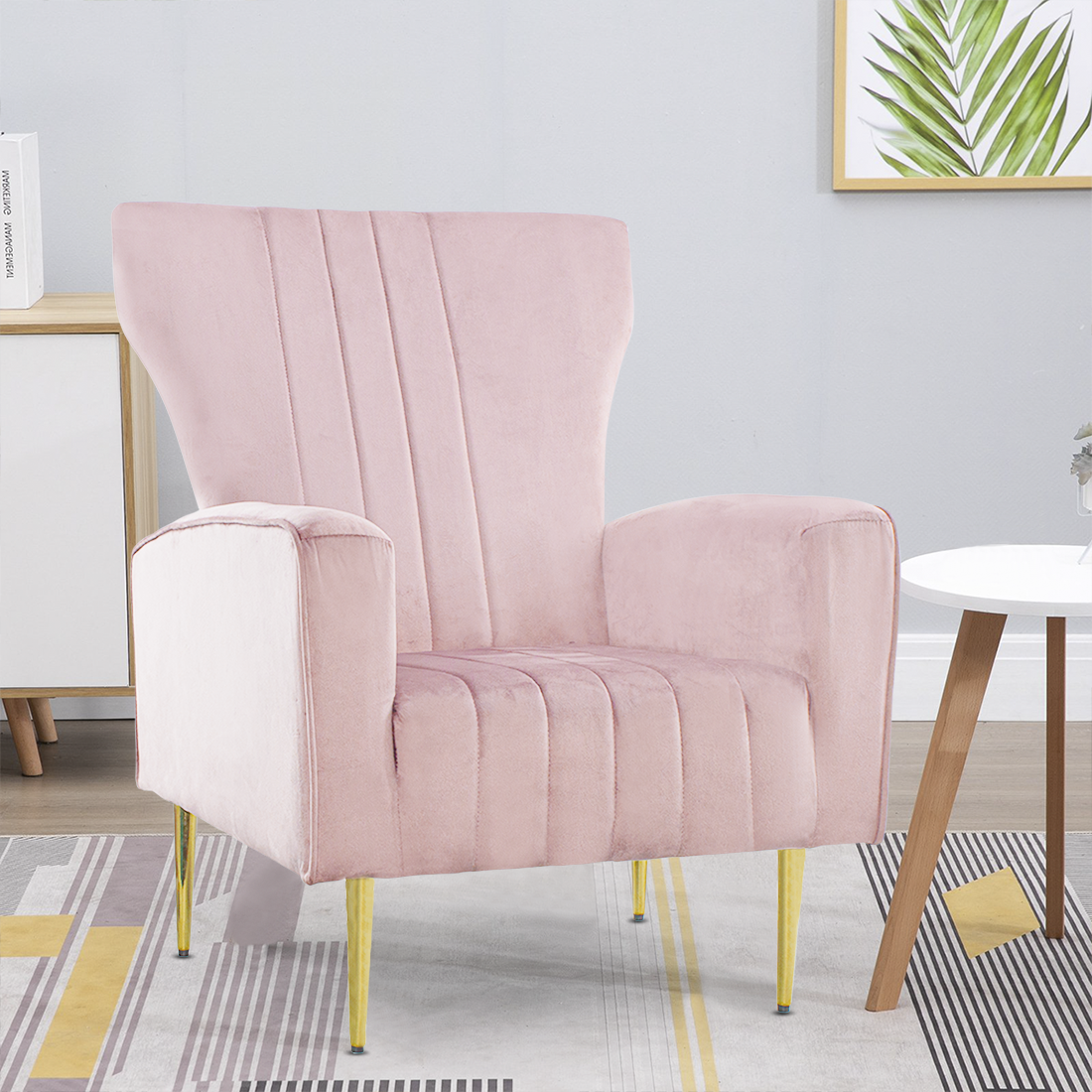 Fauteuil en velours DORIAN dossier haut capitonné pieds dorés 98HX70X70cm