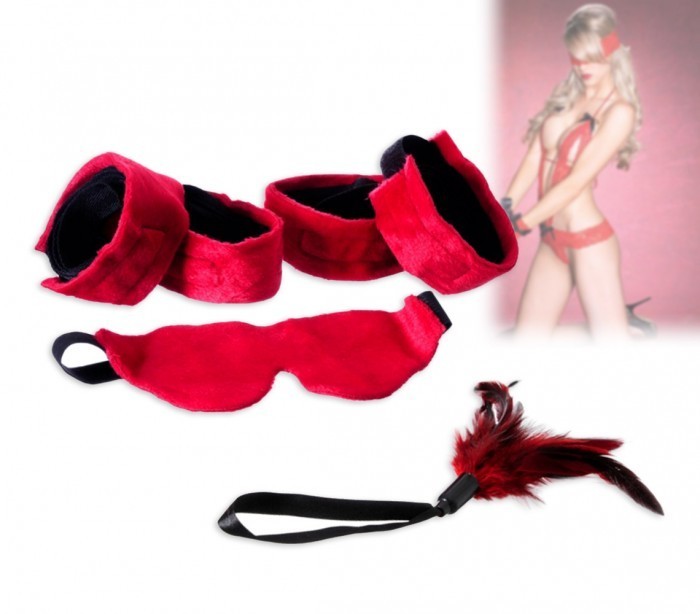 748908 - Ensemble de 4 accessoires jeu sadomasochiste menottes, masque en velour