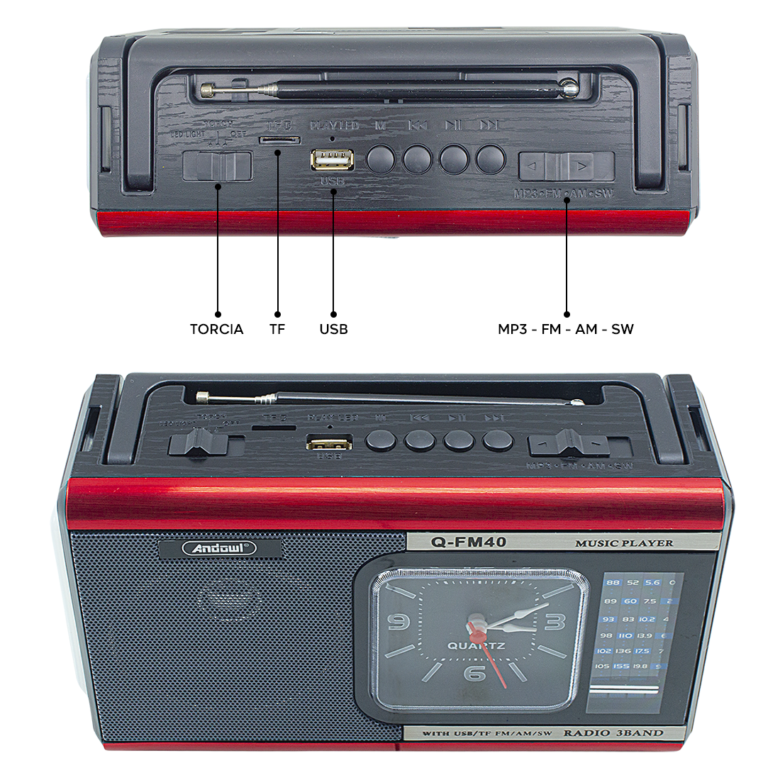 Q-FM40 Vintage FM Radio Haut-parleur Bluetooth MP3 Lampe poche portable horloge