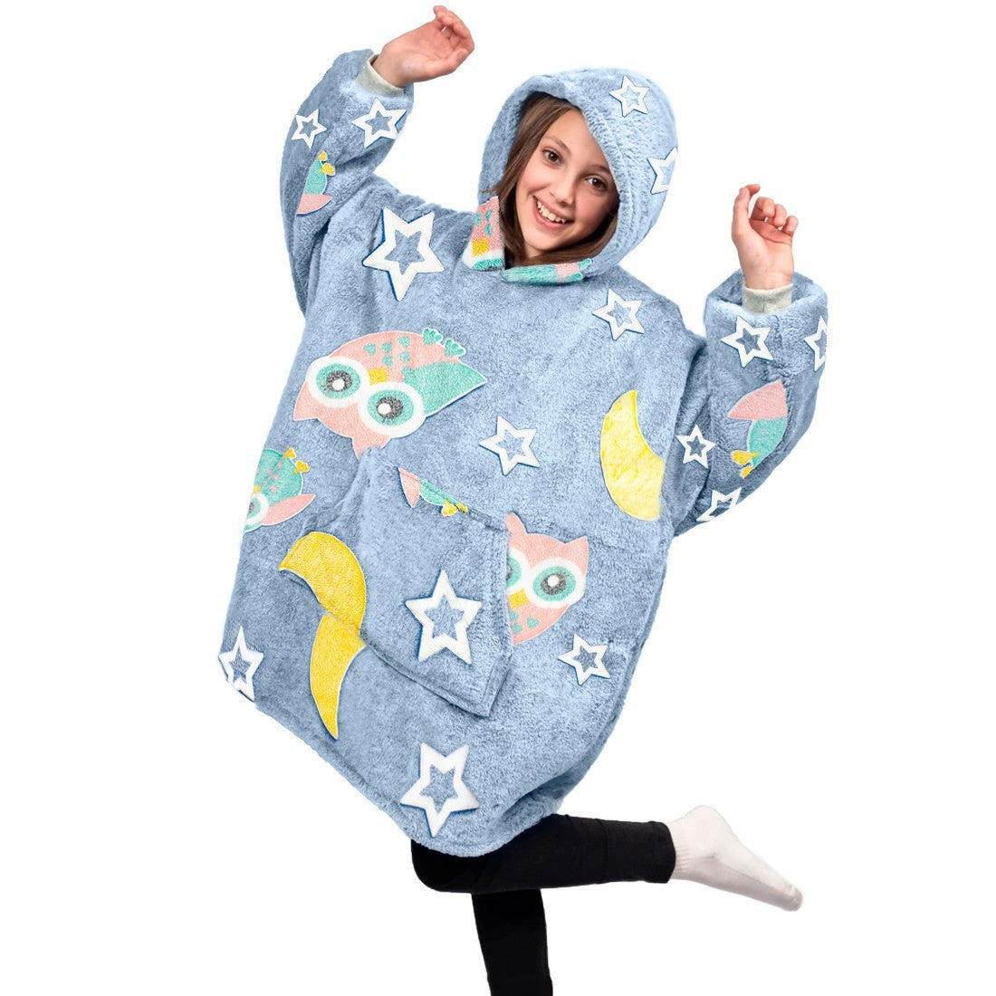 Cape polaire grise pour enfant avec capuche et manches avec hiboux fluo