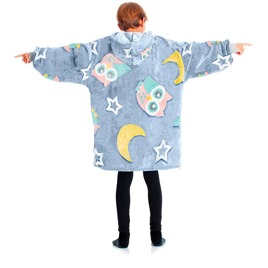 Cape polaire grise pour enfant avec capuche et manches avec hiboux fluo