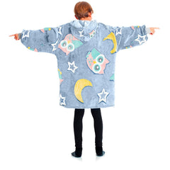 Cape polaire grise pour enfant avec capuche et manches avec hiboux fluo