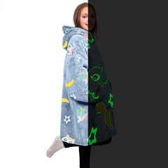 Cape polaire grise pour enfant avec capuche et manches avec hiboux fluo