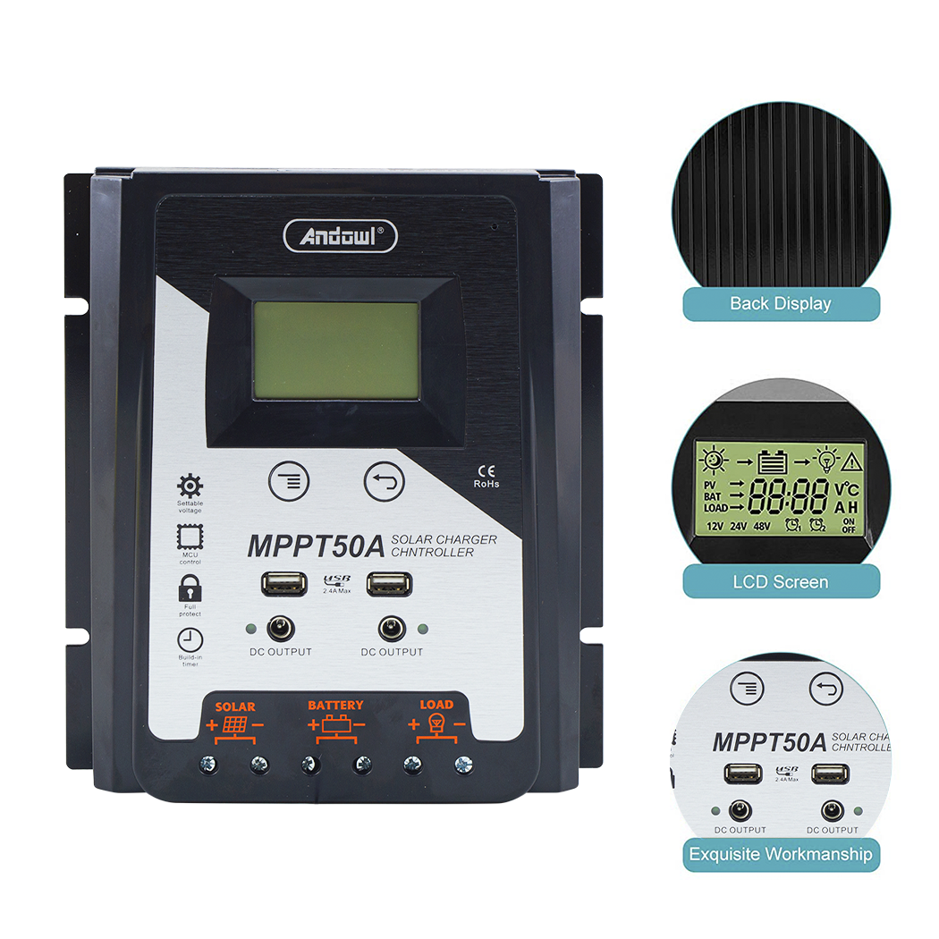 Régulateur charge solaire MPPT50A 12-24-48V Contrôleur batterie 2x affichage USB