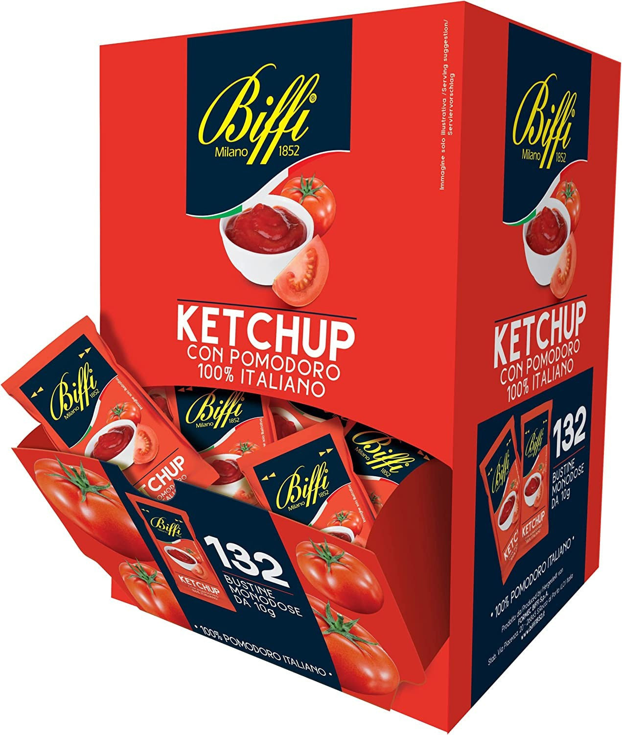 Ketchup BIFFI 132 Enveloppes Unidoses à la Tomate 100% Italienne 10gr