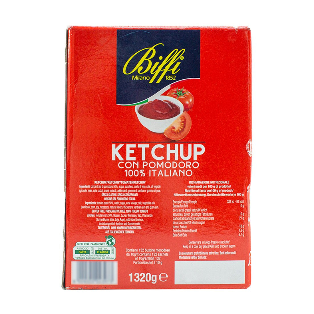 Ketchup BIFFI 132 Enveloppes Unidoses à la Tomate 100% Italienne 10gr