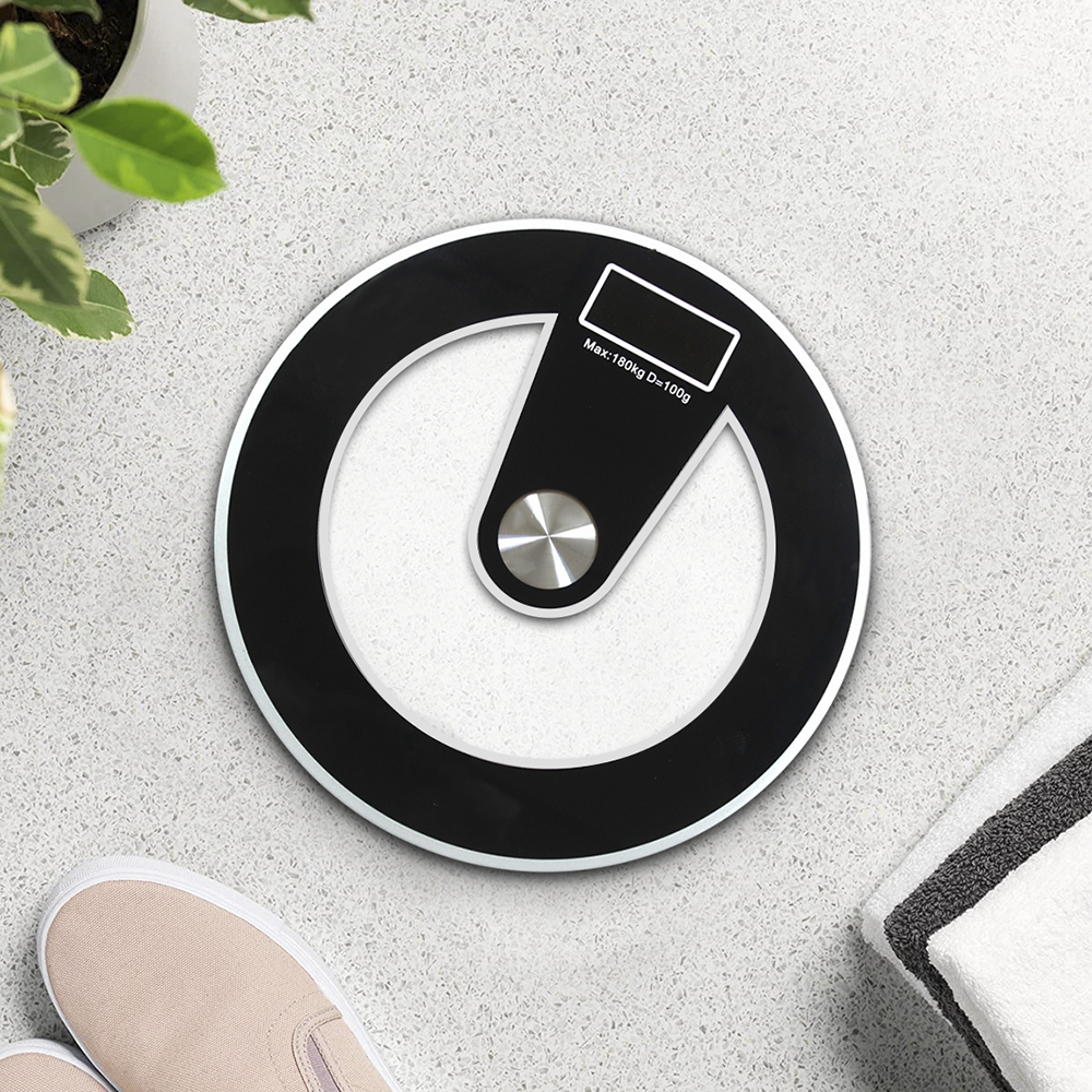 Pèse-personne électronique digital en verre trempé 180Kg rond Noir