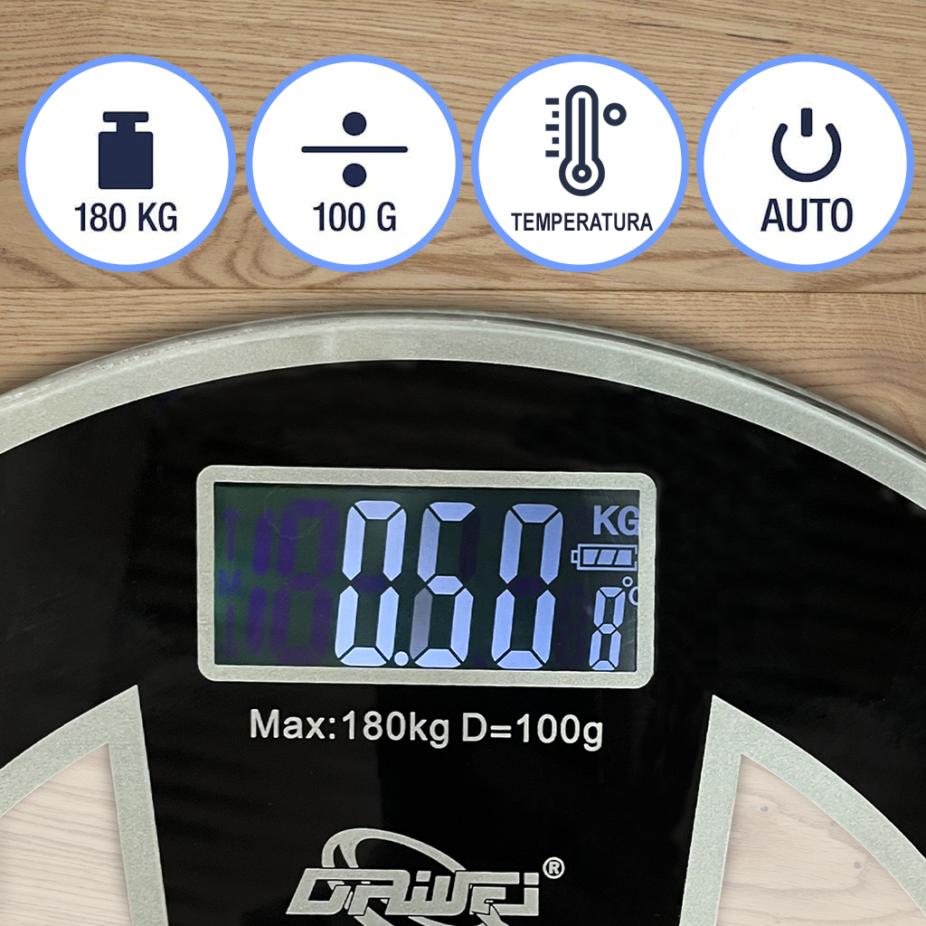 Pèse-personne électronique digital en verre trempé 180Kg rond Noir
