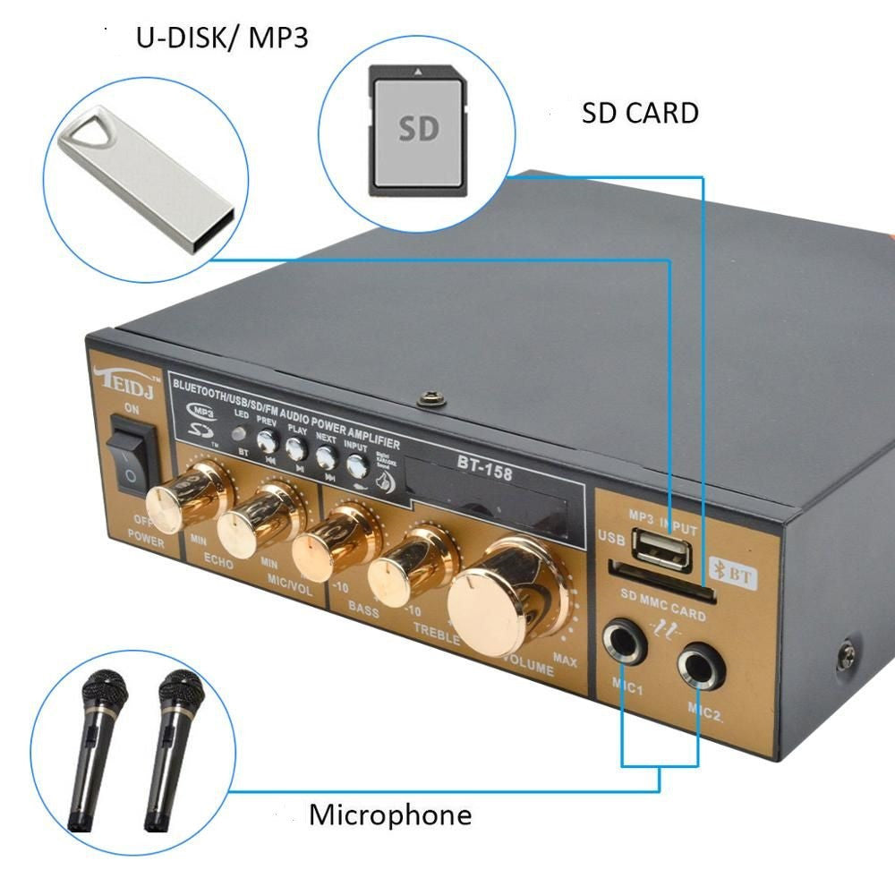 Karaoké Bluetooth Stéréo HiFi Amplificateur MP3 Ecran LCD Entrée USB et SD