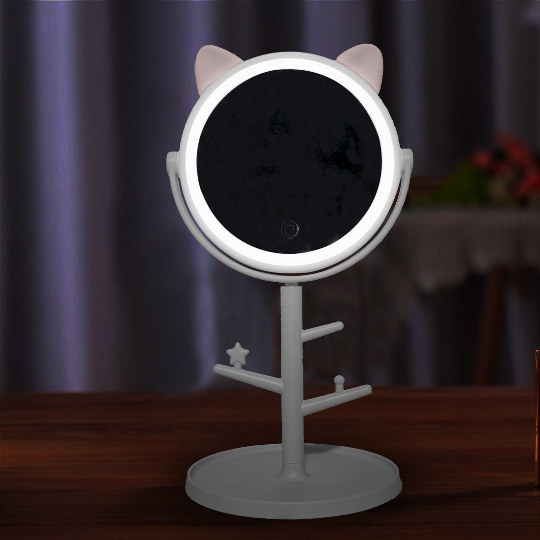Miroir de maquillage cosmétique de table à LED avec porte-bijoux rechargeable