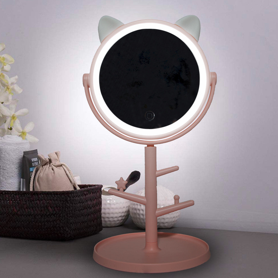 Miroir de maquillage cosmétique de table à LED avec porte-bijoux rechargeable