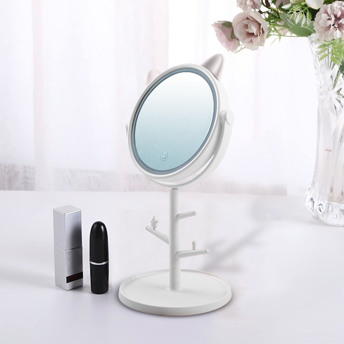 Miroir de maquillage cosmétique de table à LED avec porte-bijoux rechargeable