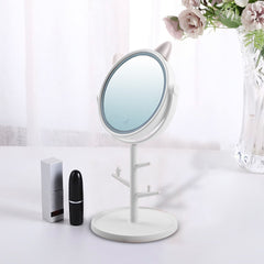 Miroir de maquillage cosmétique de table à LED avec porte-bijoux rechargeable