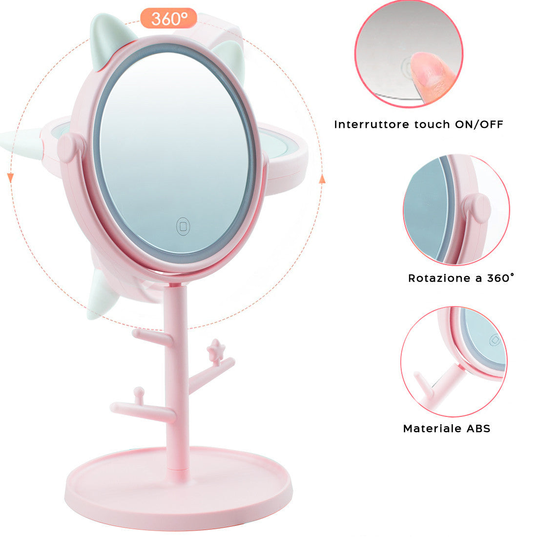 Miroir de maquillage cosmétique de table à LED avec porte-bijoux rechargeable