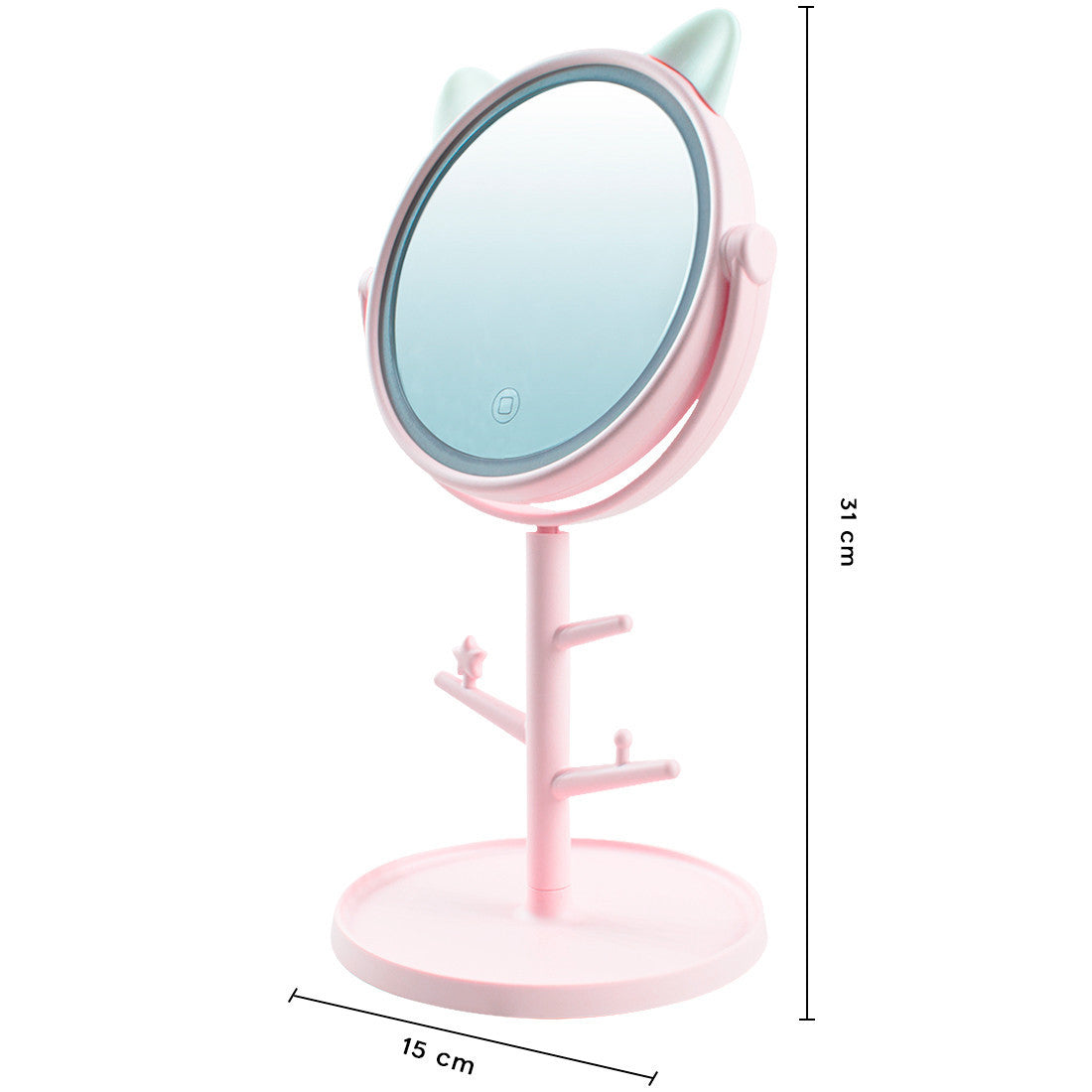 Miroir de maquillage cosmétique de table à LED avec porte-bijoux rechargeable