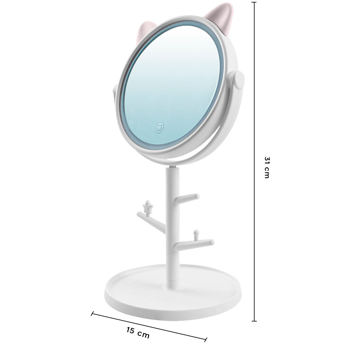 Miroir de maquillage cosmétique de table à LED avec porte-bijoux rechargeable