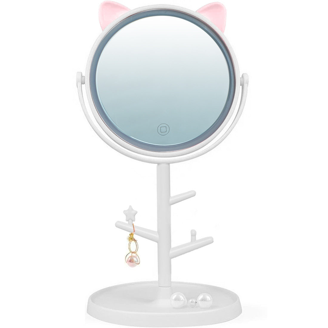 Miroir de maquillage cosmétique de table à LED avec porte-bijoux rechargeable
