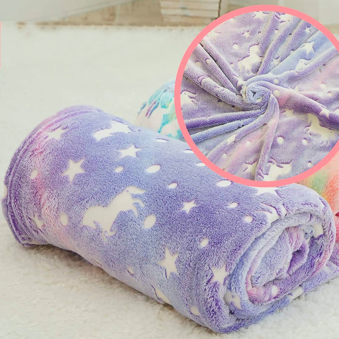 Couverture Magique Enfant Lilas Fluorescent Licorne Carrés Polaires 170x180cm