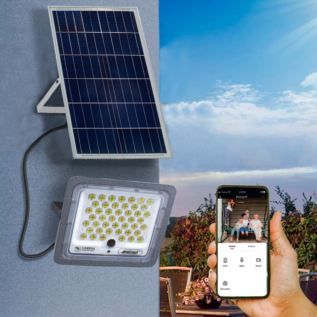 Phare LED 450W avec app Wi-Fi pour caméra surveillance à charge solaire Q-SX77
