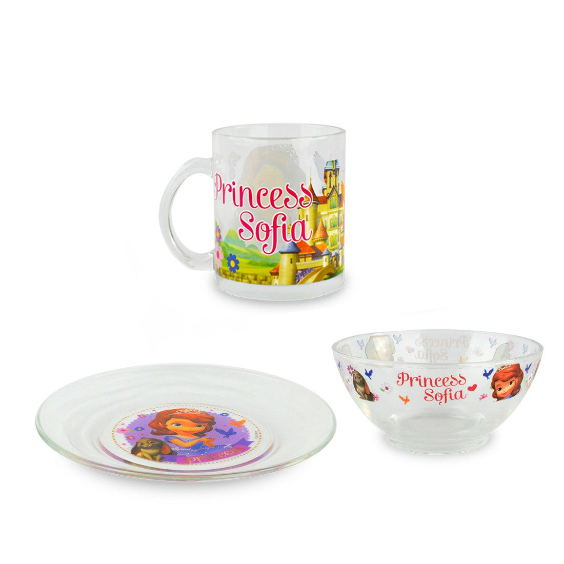 WD8543 Set de Petit-déjeuner Princesse Sofia avec bol tasse et soucoupe en verre