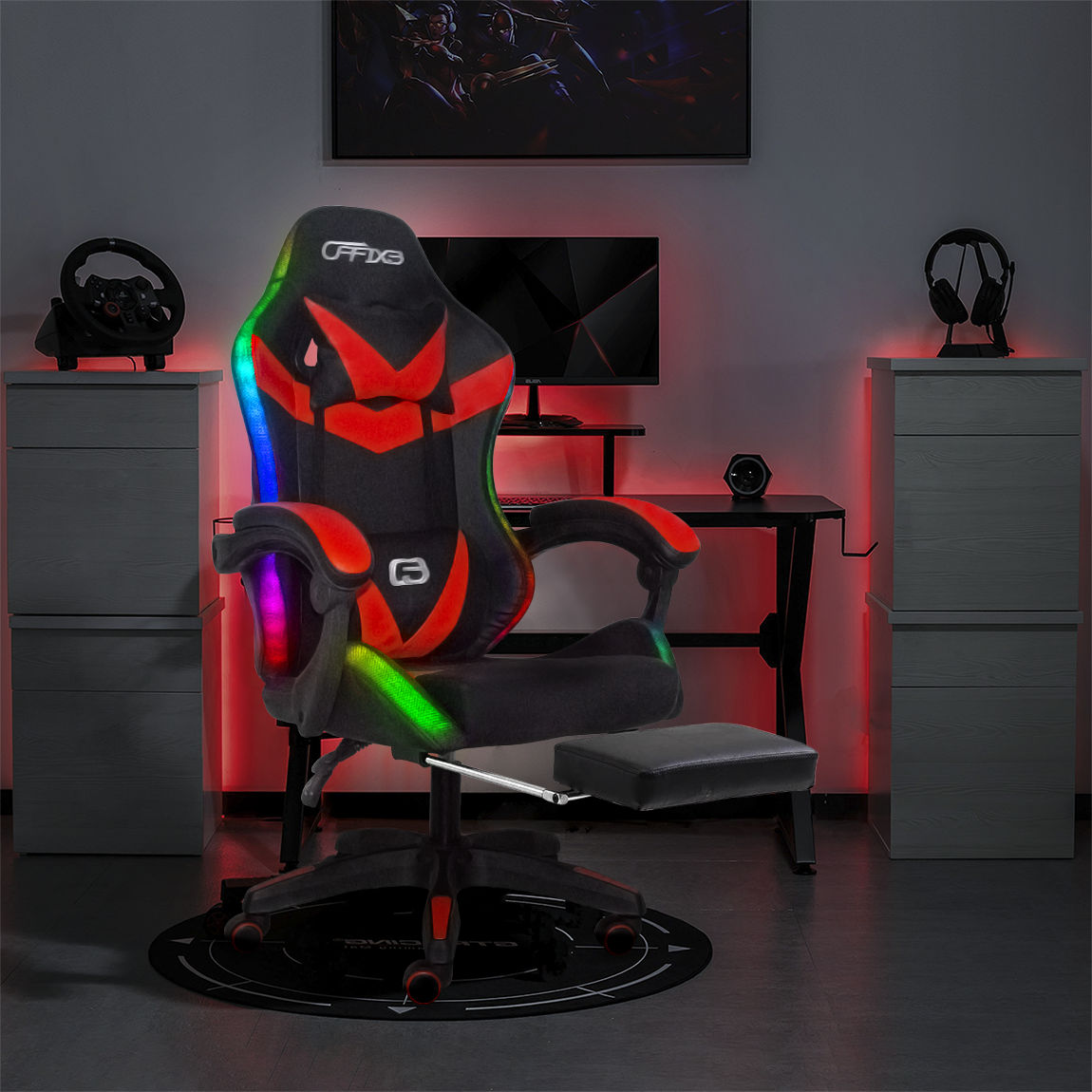 Chaise de jeu bureau avec éclairage LED, appuie-tête similicuir et repose-pieds