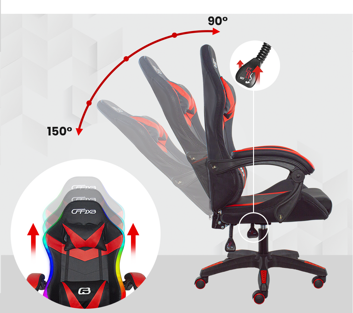 Chaise de jeu bureau avec éclairage LED, appuie-tête similicuir et repose-pieds