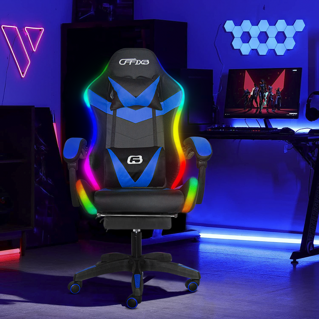 Chaise de jeu bureau avec éclairage LED, appuie-tête similicuir et repose-pieds