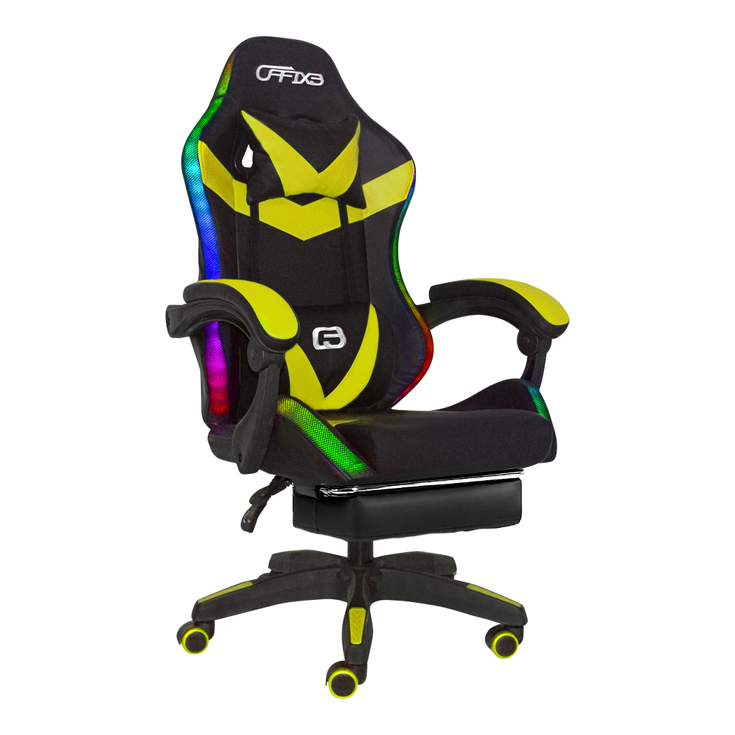 Chaise de jeu bureau avec éclairage LED, appuie-tête similicuir et repose-pieds