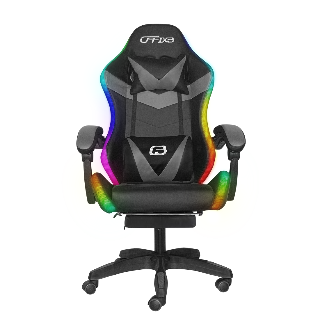 Chaise de jeu bureau avec éclairage LED, appuie-tête similicuir et repose-pieds