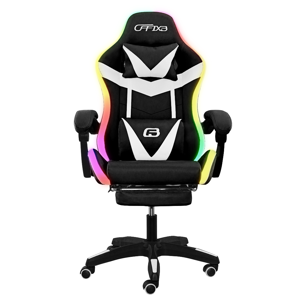 Chaise de jeu bureau avec éclairage LED, appuie-tête similicuir et repose-pieds
