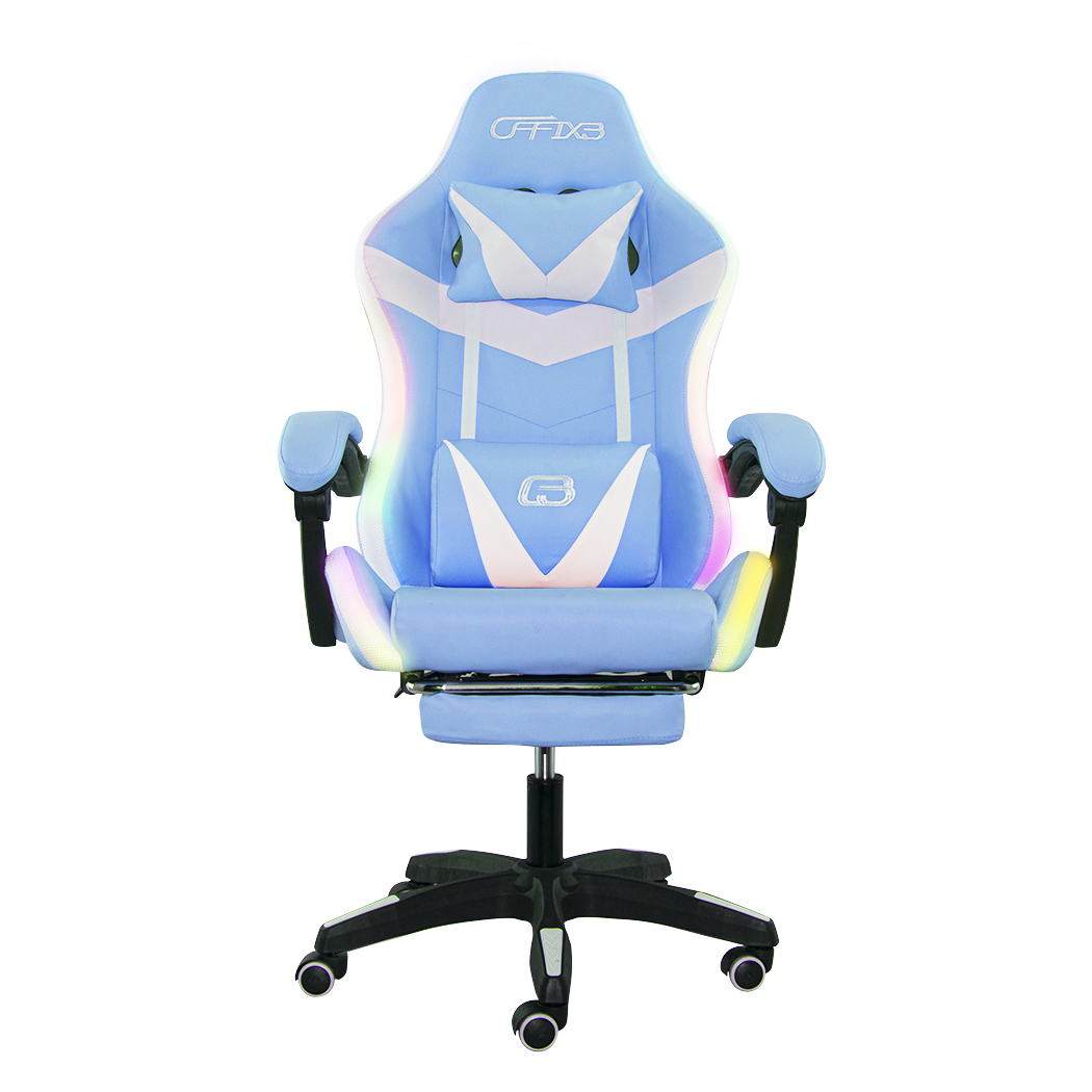 Chaise de jeu bureau avec éclairage LED, appuie-tête similicuir et repose-pieds