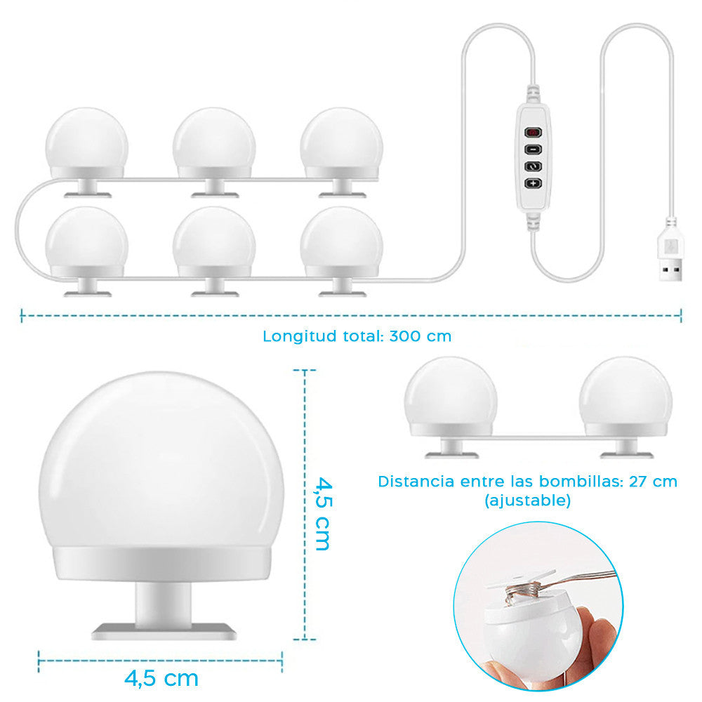 Jeu de 6 Lumières LED Réglables pour Miroir de Coiffeuse avec Câble USB