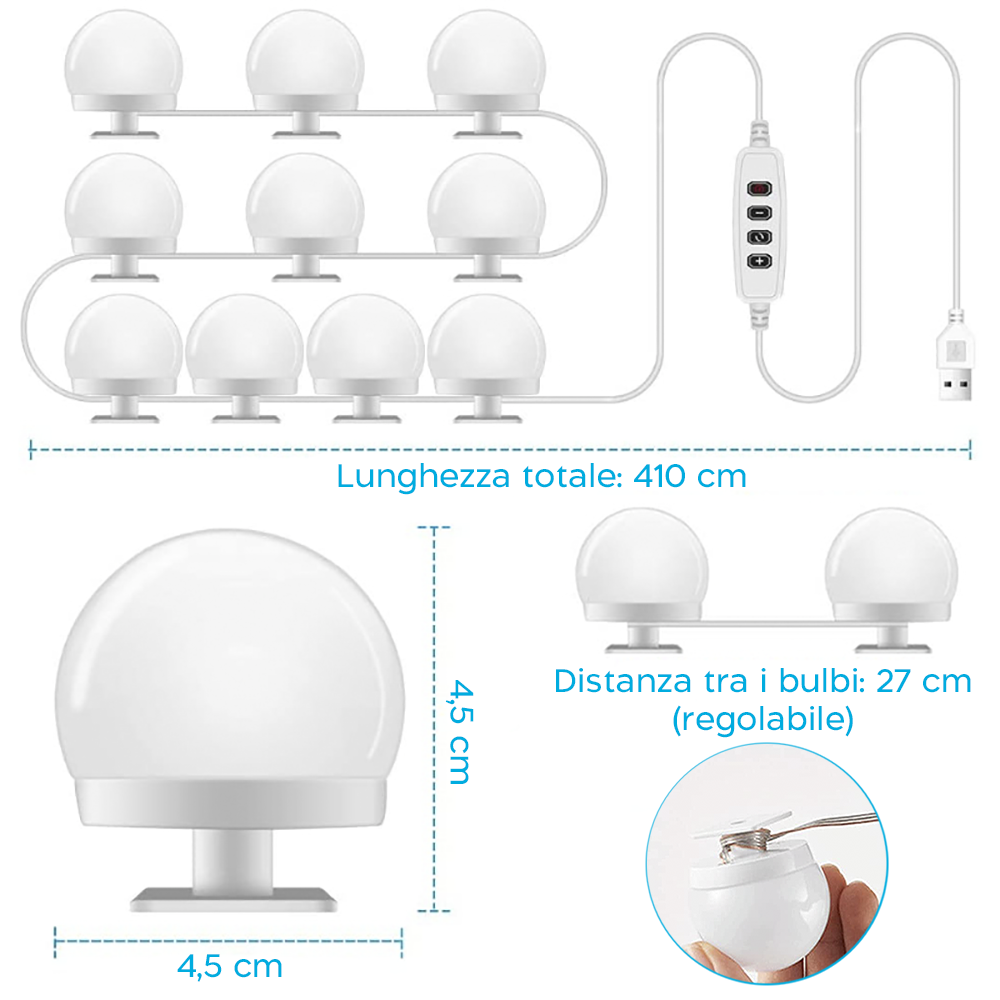Ensemble 10 ampoules LED pour coiffeuse avec régulateur d'intensité et câble USB