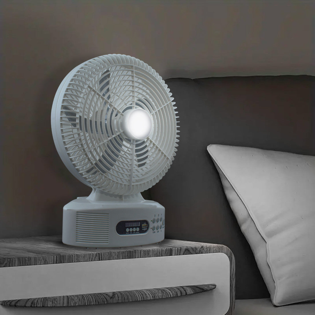 Ventilateur de table solaire rechargeable avec Bluetooth LED et radio FM