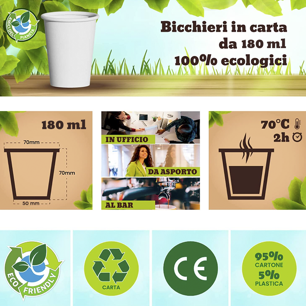Pack de 100 Gobelets Jetables en Carton Biodégradables et Compostables 180 ml