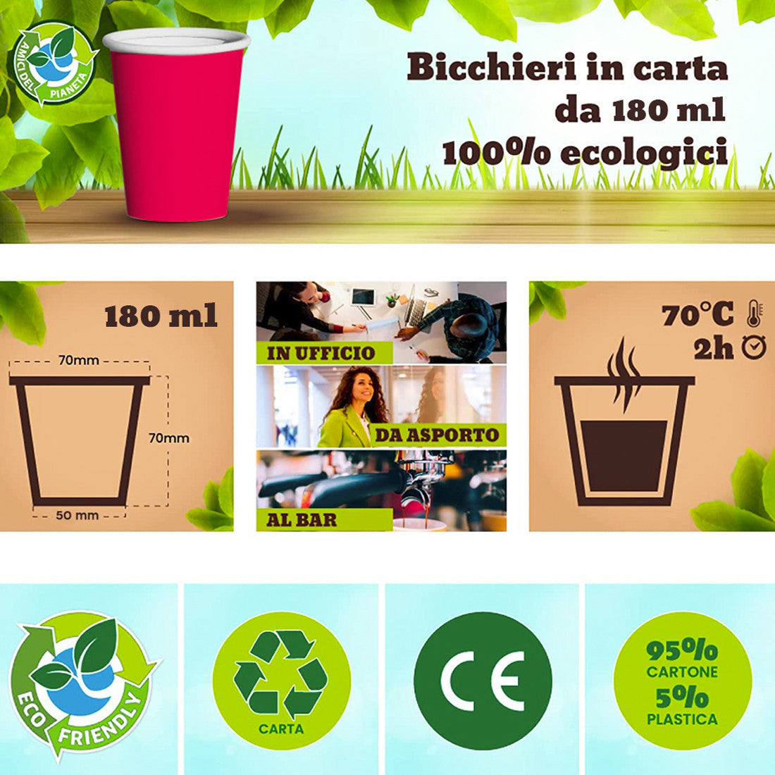 Pack de 50 Gobelets carton Rouge 180 ml jetables, biodégradables et compostables